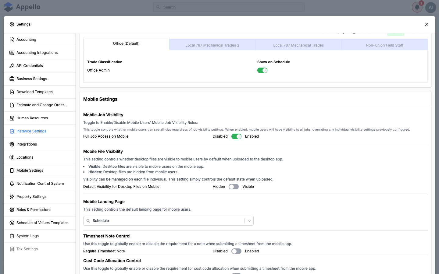 Schedule Settings trade-classification tabs and the top of the Mobile Settings card