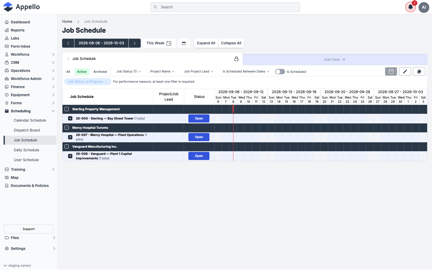 Job Schedule landing view, with the Scheduling section expanded in the sidebar showing all five views
