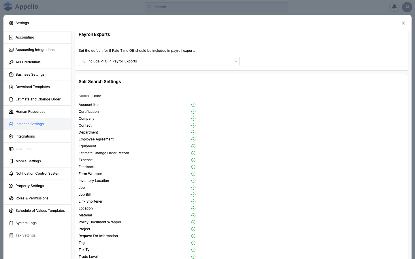 Search Settings — per-model indexing status list