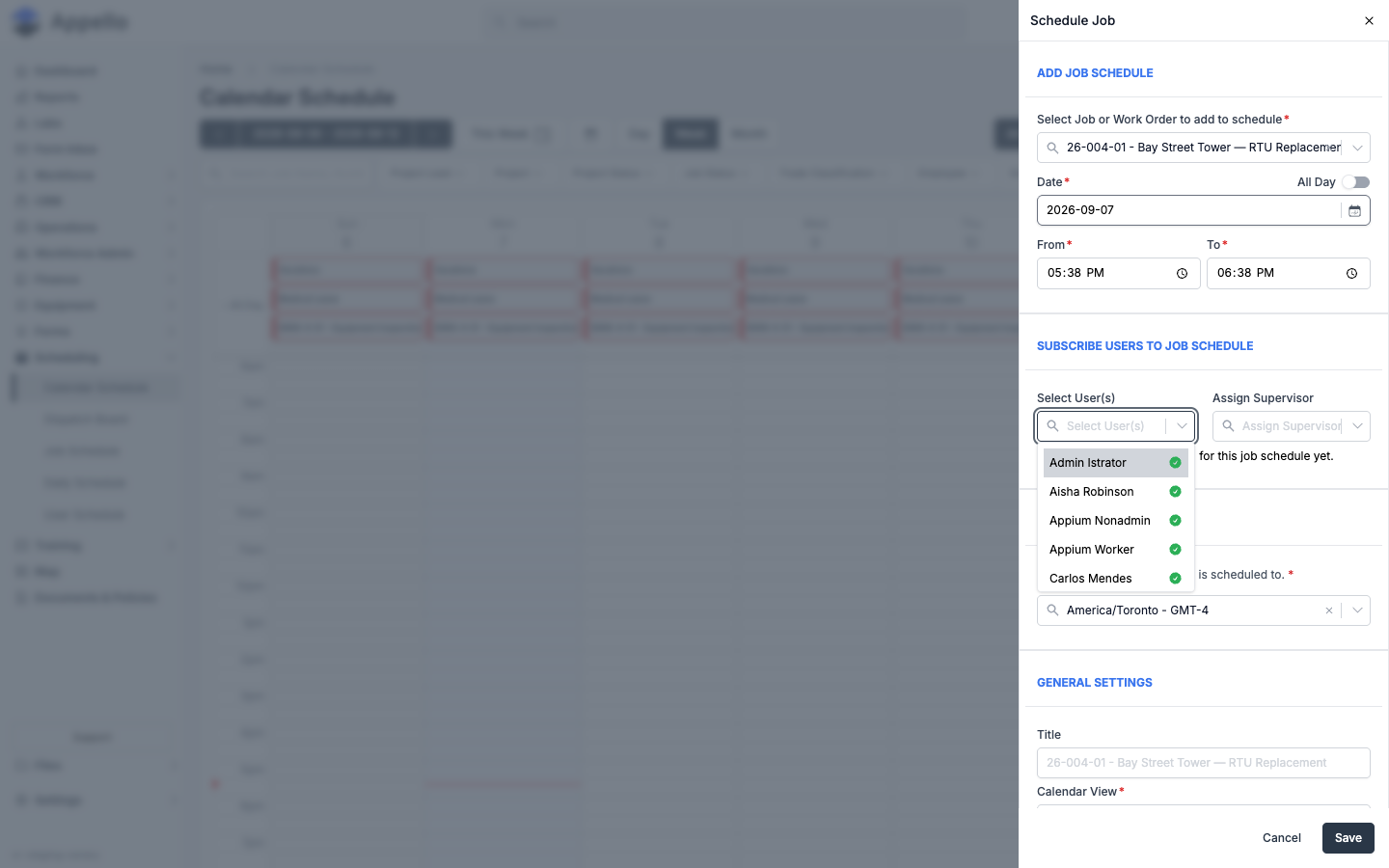 Select User(s) dropdown in the Schedule Job panel, with a green check beside each available worker