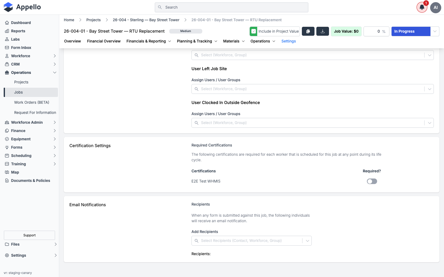Settings — Certification Settings and Email Notification recipients