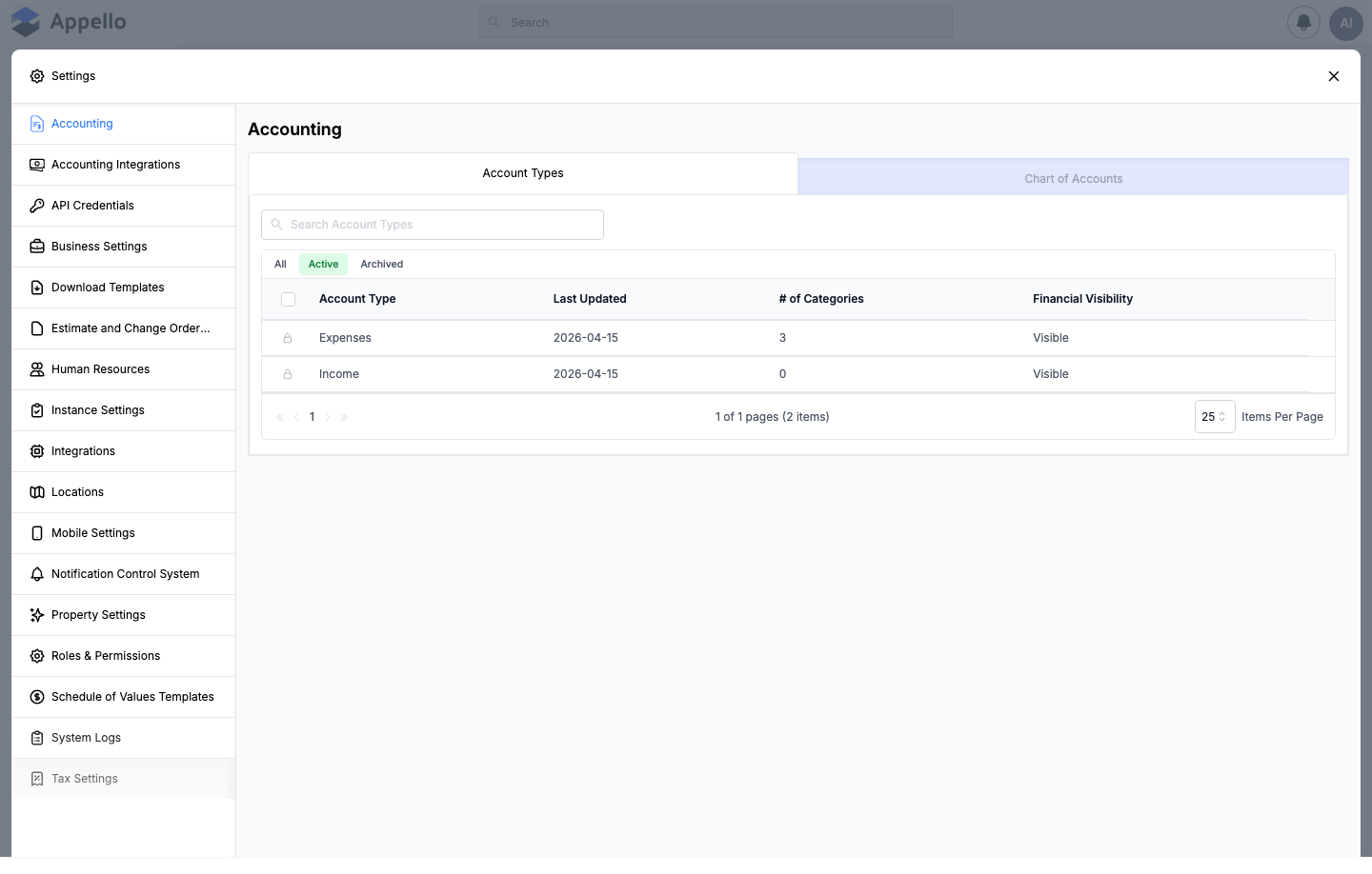 Settings panel on the demo instance with Dropbox Sign off -- the sidebar lists Accounting, Accounting Integrations, API Credentials, Business Settings, Download Templates, Estimate and Change Order Templates, Human Resources, Instance Settings, Integrations, Locations, Mobile Settings, Notification Control System, Property Settings, Roles &amp; Permissions, Schedule of Values Templates, System Logs, and Tax Settings -- with no Human Resources Integration entry