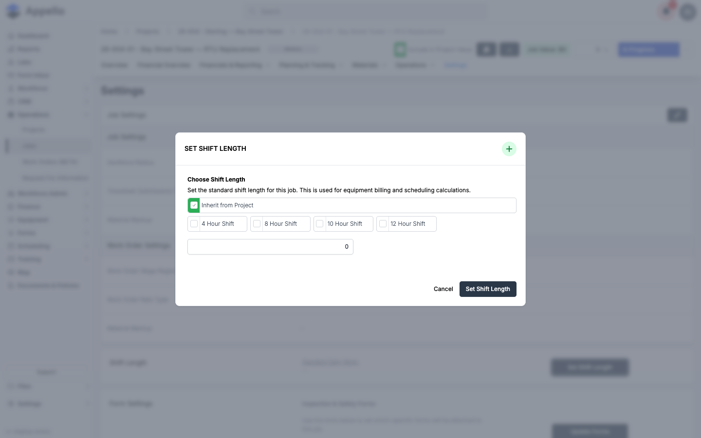 Set Shift Length modal — preset shift options and custom time