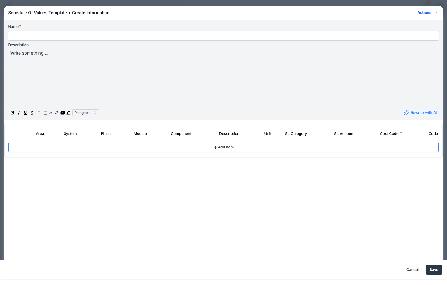 Create SOV Template panel with manual Add Item entry