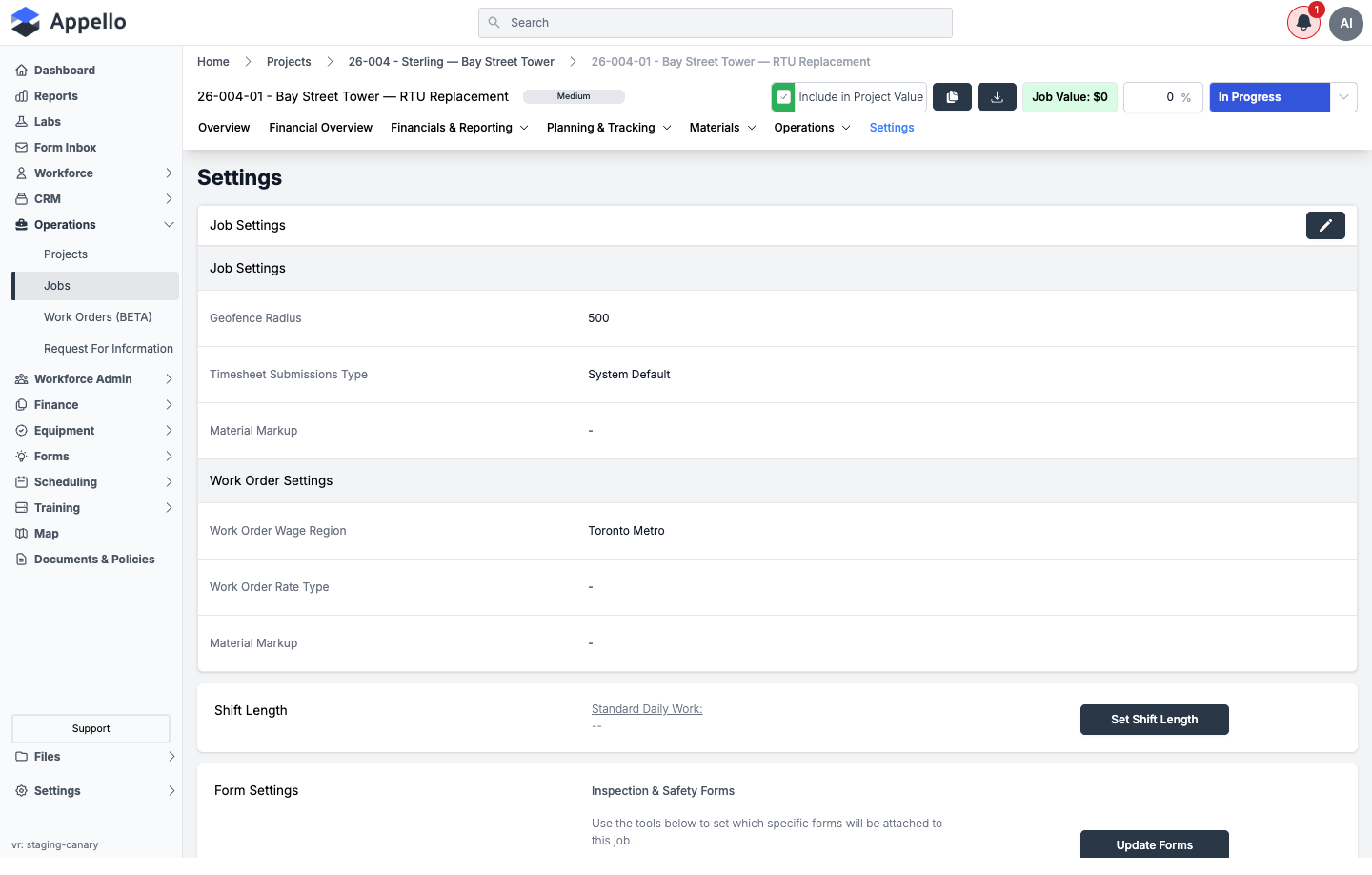 Settings — Job Settings, Work Order Settings, and Shift Length