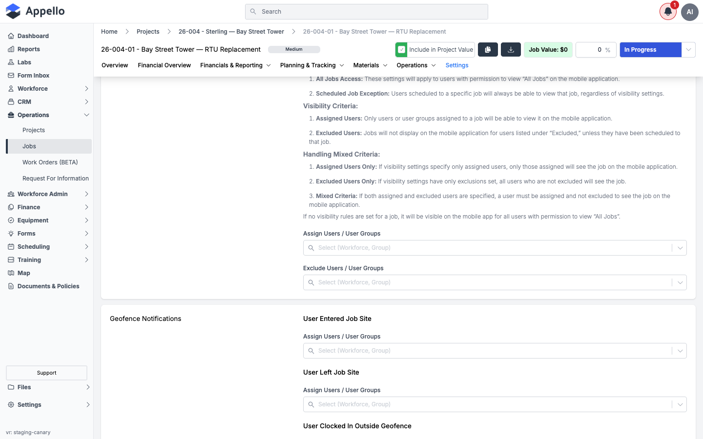Settings — mobile visibility rules and geofence notifications