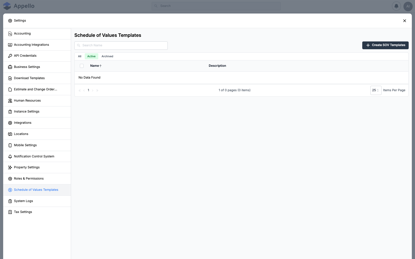 SOV Templates — Schedule of Values templates for progress billing configuration