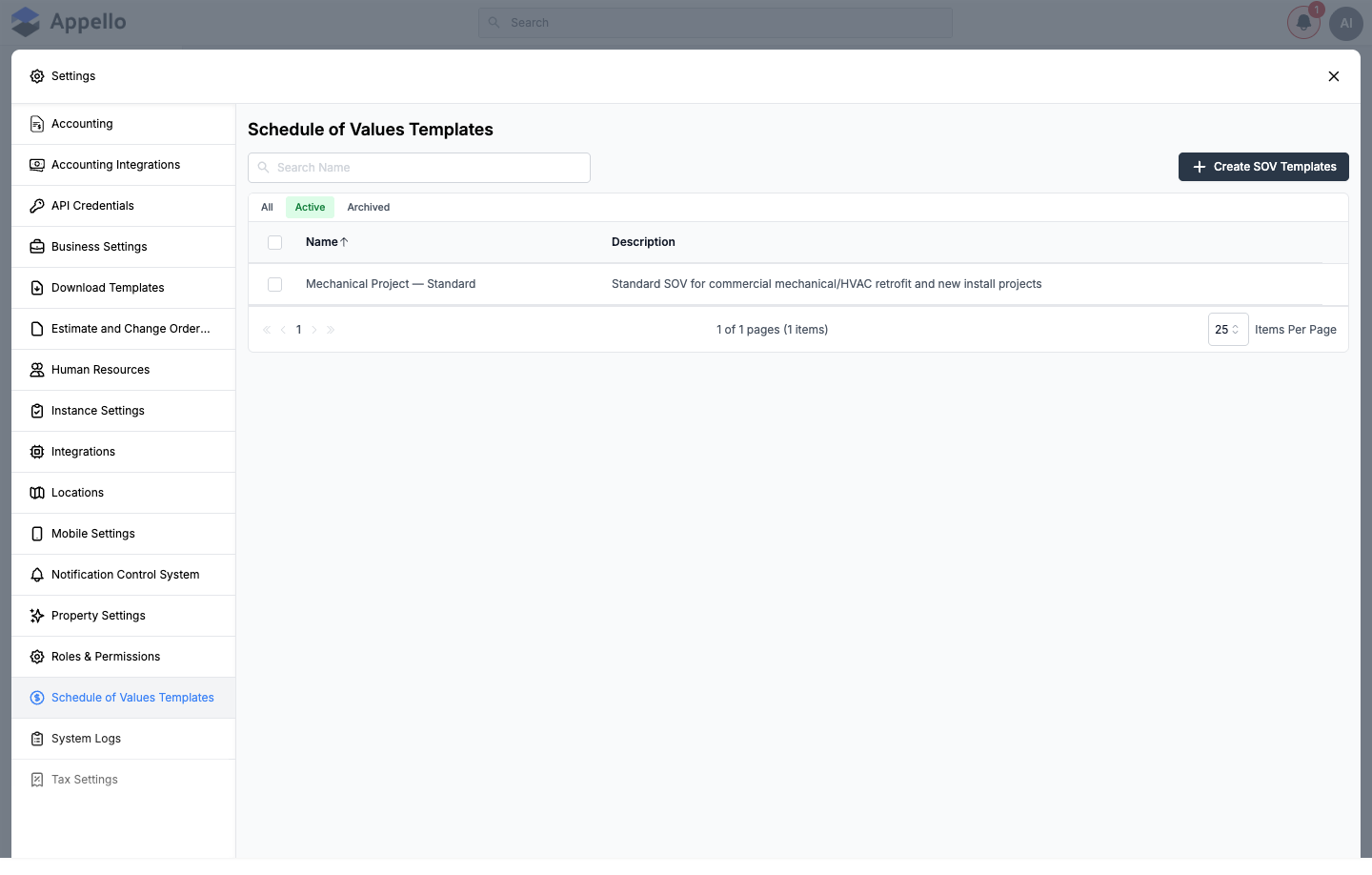 Schedule of Values Templates list, showing a real "Mechanical Project — Standard" template on the demo instance