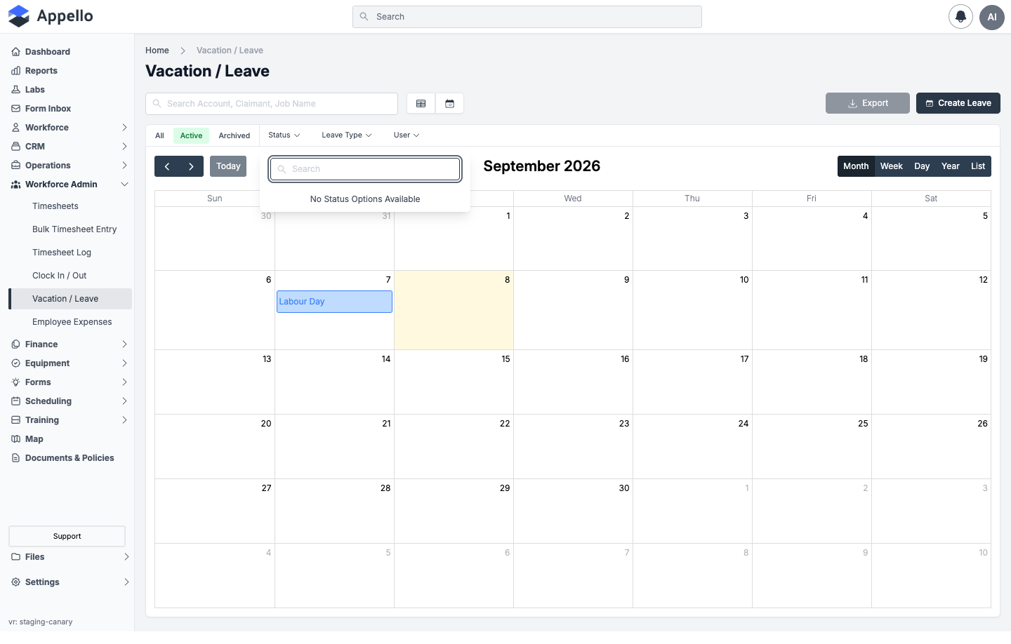 Status filter open on the calendar view