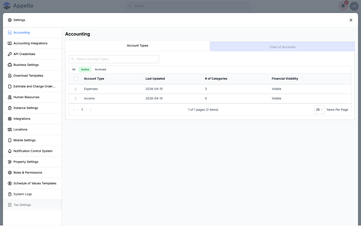 Accounting Settings — Account Types tab with Expenses and Income types