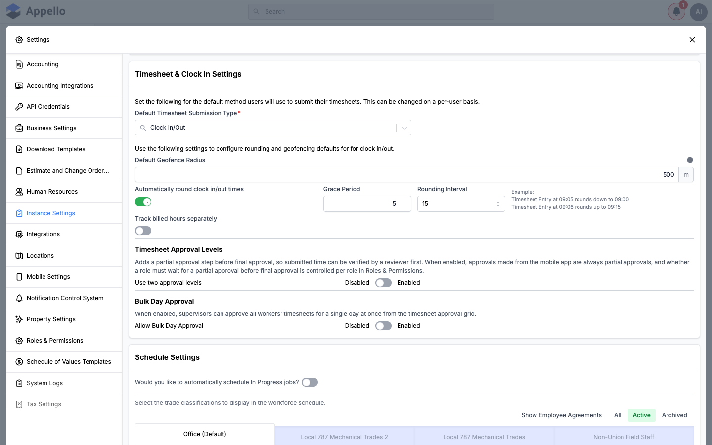 Timesheet Approval Levels and Bulk Day Approval toggles in Instance Settings, both shown disabled