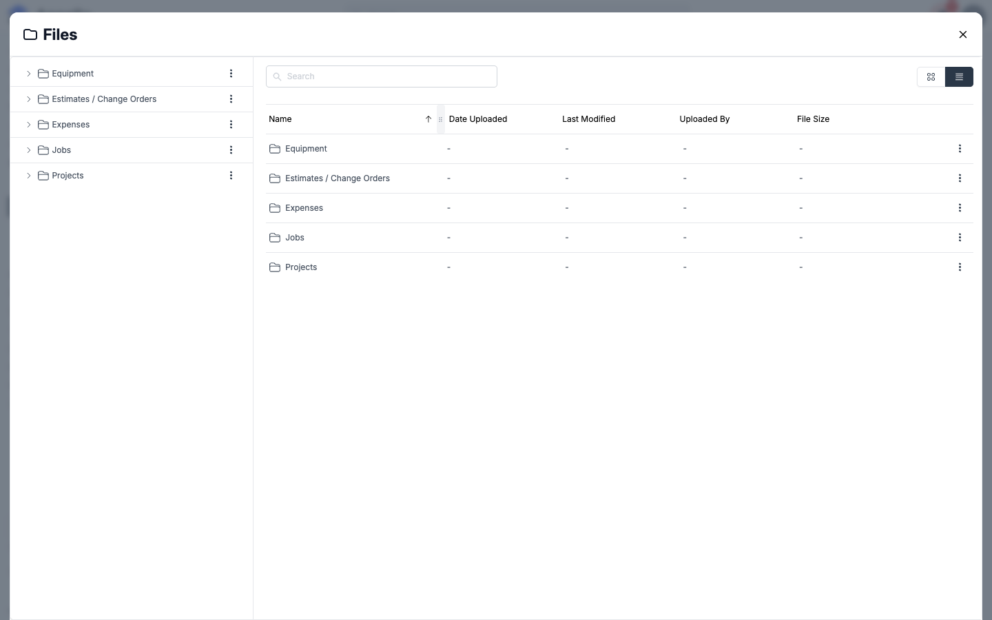 Company-wide Files panel opened from the main sidebar, showing the Jobs, Projects, Equipment, Estimates / Change Orders, and Expenses top-level folders