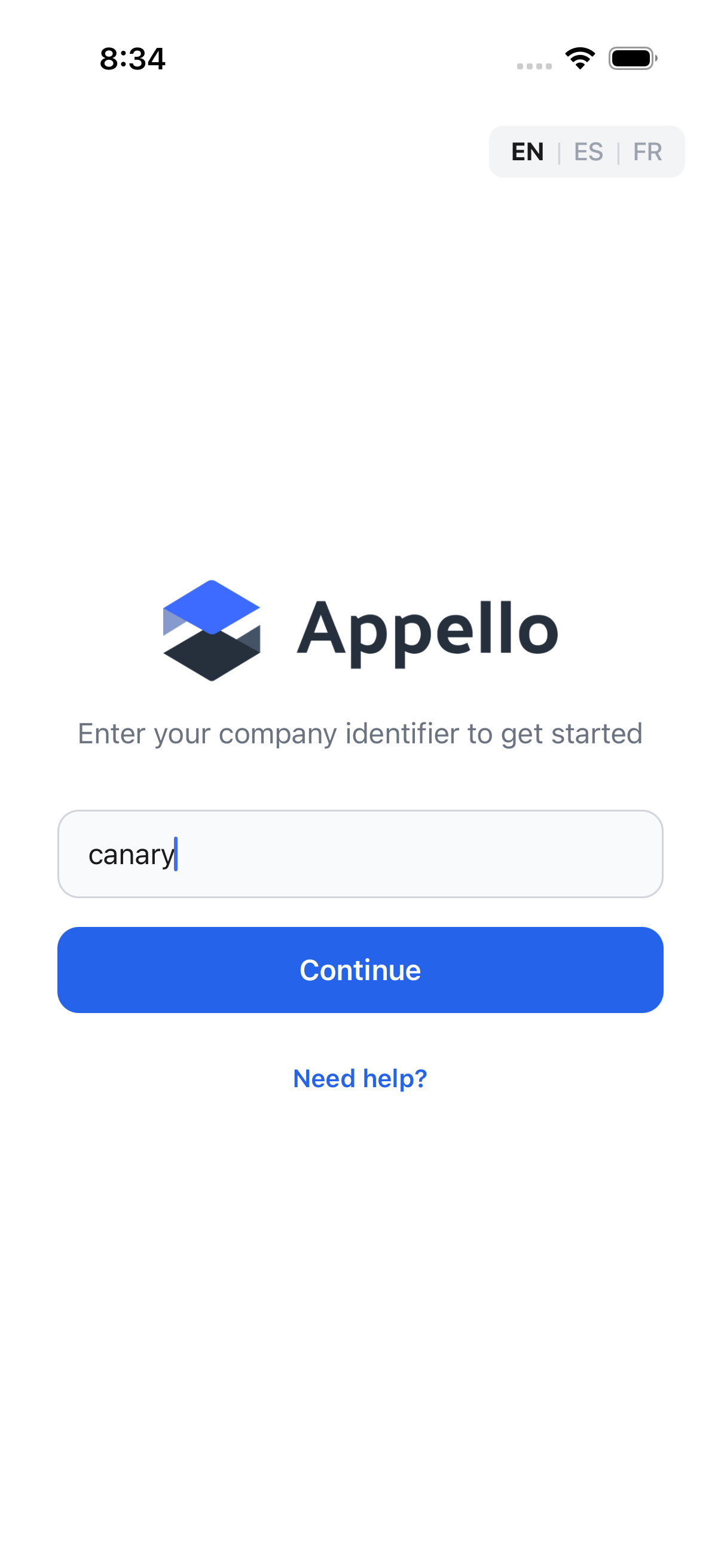 Company identifier screen with an identifier entered and the Continue button