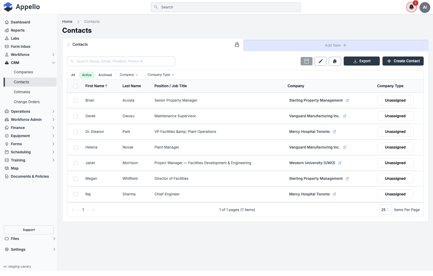 Contacts list showing First Name, Last Name, Position / Job Title, Company, and Company Type columns, with Active/Archived tabs and Company/Company Type filters
