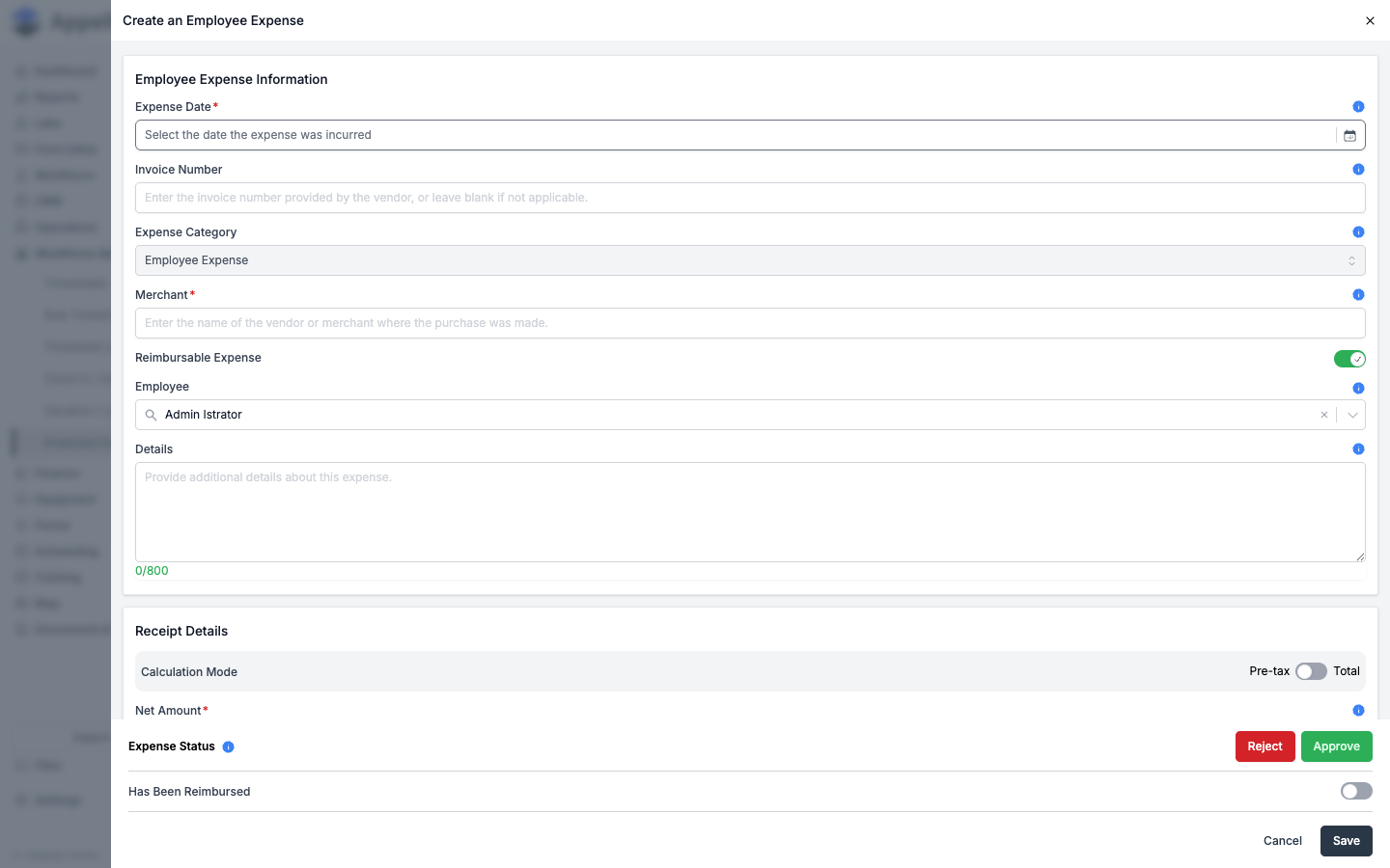 Create Employee Expense panel — Reimbursable Expense toggle, Employee field, and the Expense Status / Has Been Reimbursed controls at the bottom