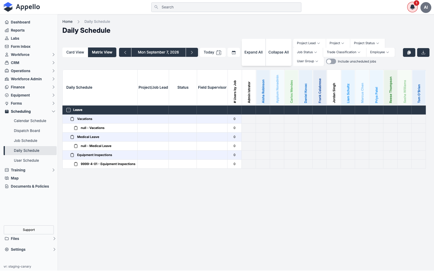 Daily Schedule -- default Matrix View for a single day, with view toggle, date navigator, filters, and export actions. Empty state: no jobs are scheduled for this date on the demo instance, so only the internal Leave rows (Vacations, Medical Leave, Equipment Inspections) show, each at a 0 count
