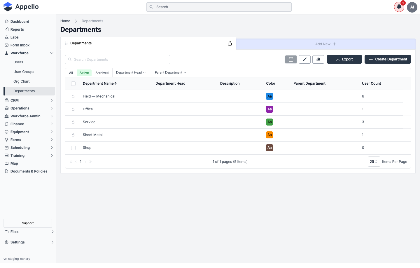 Departments list on the demo instance, showing the Active tab with Department Name, Department Head, Description, Color, Parent Department, and User Count columns, plus the Export and Create Department buttons