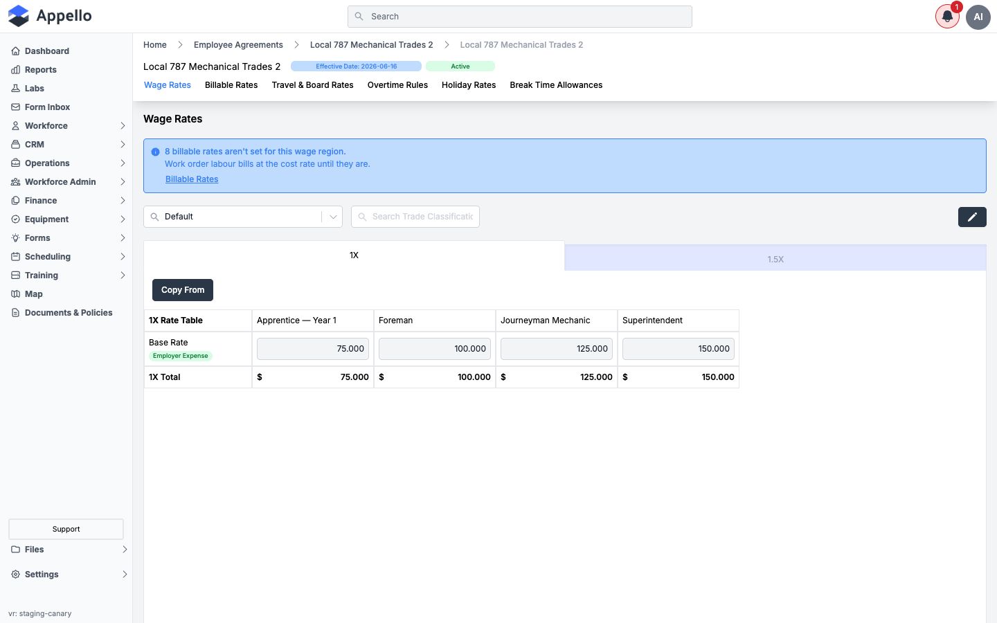 Employee contract page showing its Wage Rates tab and sibling wage-table tabs