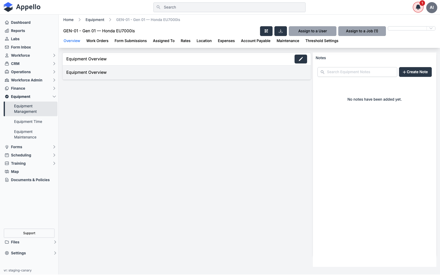 Equipment detail page header, showing the tab bar, the Assign to a User / Assign to a Job buttons, and the status dropdown