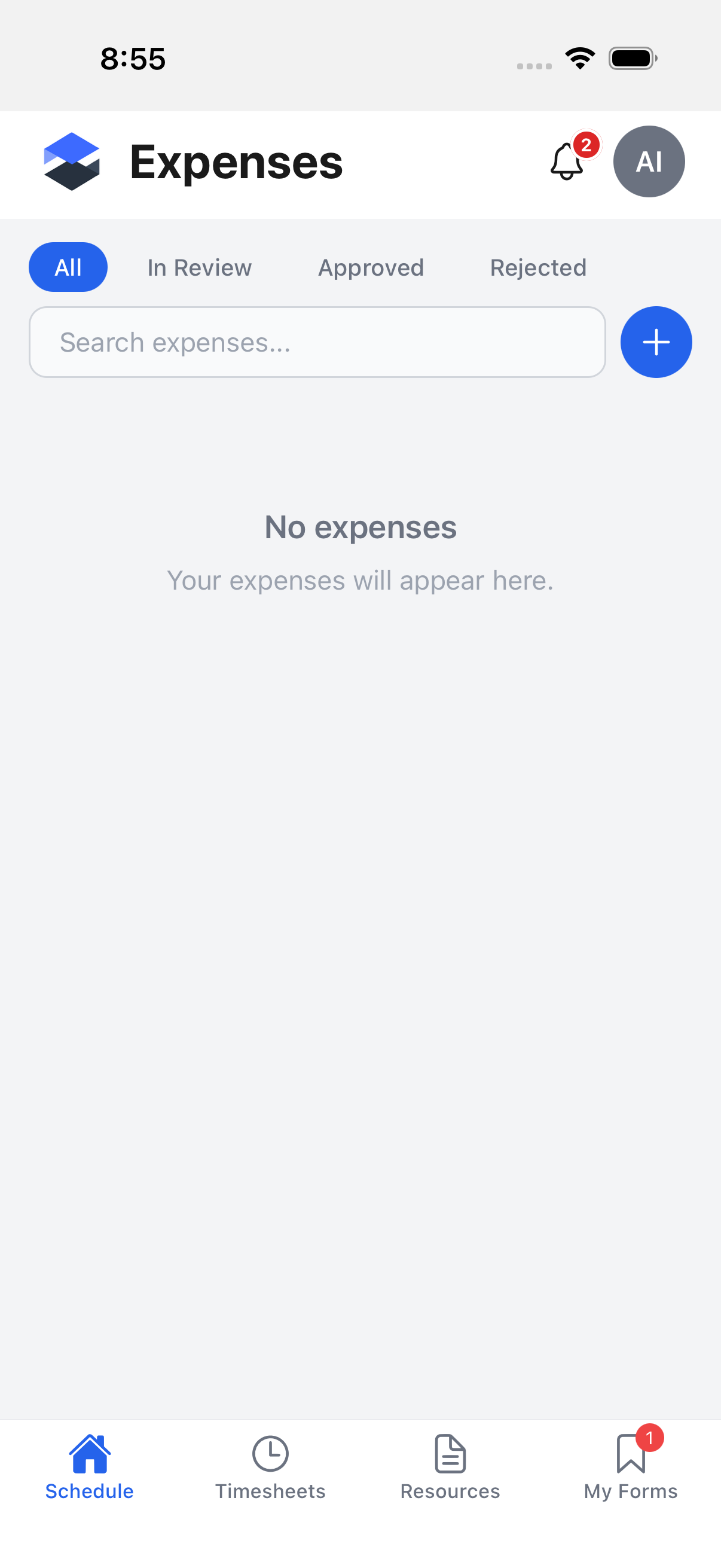 Expenses list on mobile, filtered to All, with a search field and a + button to add a new expense