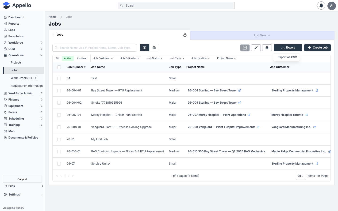 Export menu open on the Jobs list, showing the Export as CSV option