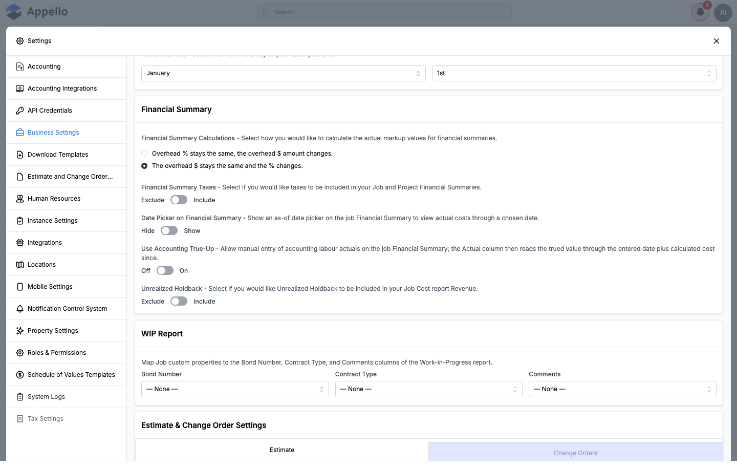 Financial Summary and WIP Report sections of Business Settings, with the top of Estimate &amp; Change Order Settings visible below