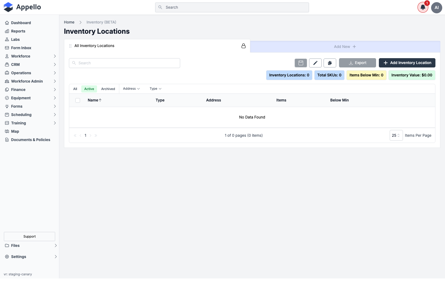 Inventory Locations list with summary metrics and an empty locations table