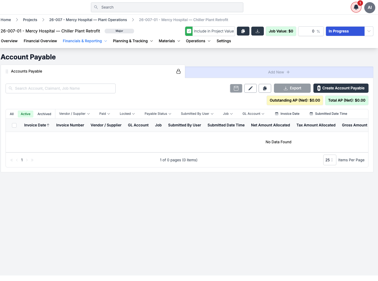 Job-scoped Accounts Payable tab — the AP list filtered to one job, with the same columns, filters, and Outstanding/Total AP totals as the company-wide list