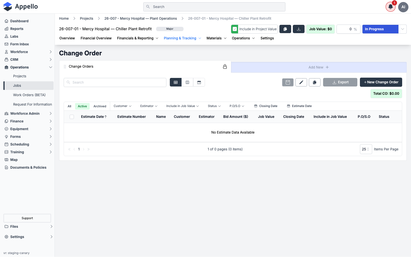 A job's Change Orders tab, empty, with the New Change Order button in the top-right corner