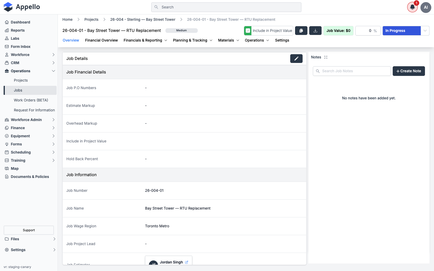 Job overview page with the Notes panel on the right showing a search box and Create Note button