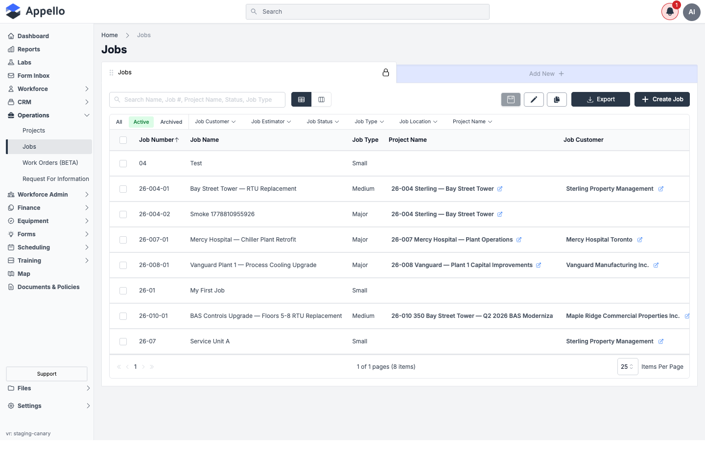 Jobs list on the demo instance, showing the Active tab with Job Number, Job Name, Job Type, Project Name, and Job Customer columns, filter chips, and the Export and Create Job buttons
