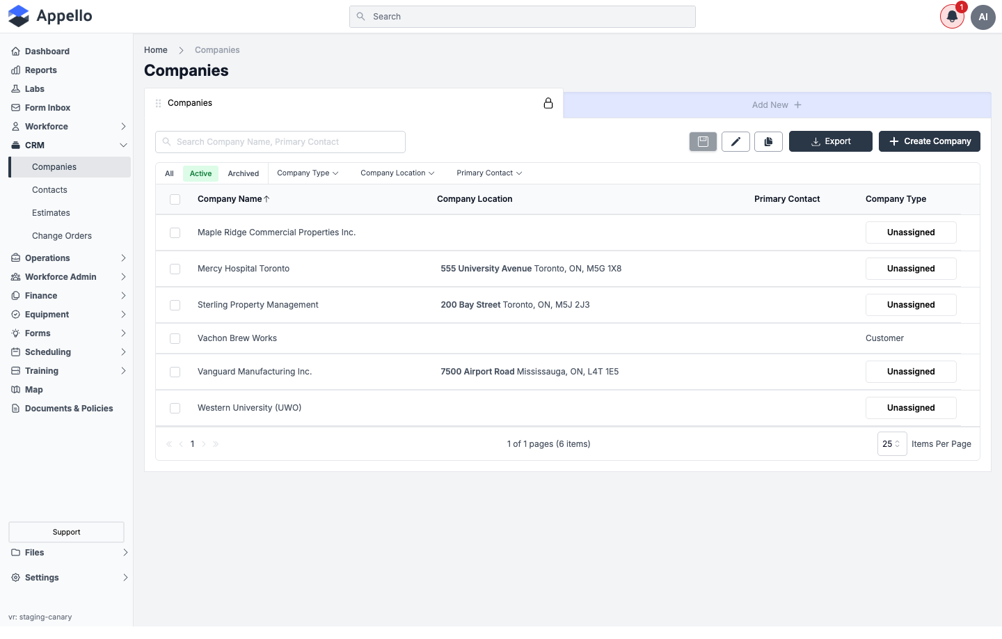 Companies list with the Active/Archived status tabs and the Company Type filter dropdown open, showing the values configured for this instance