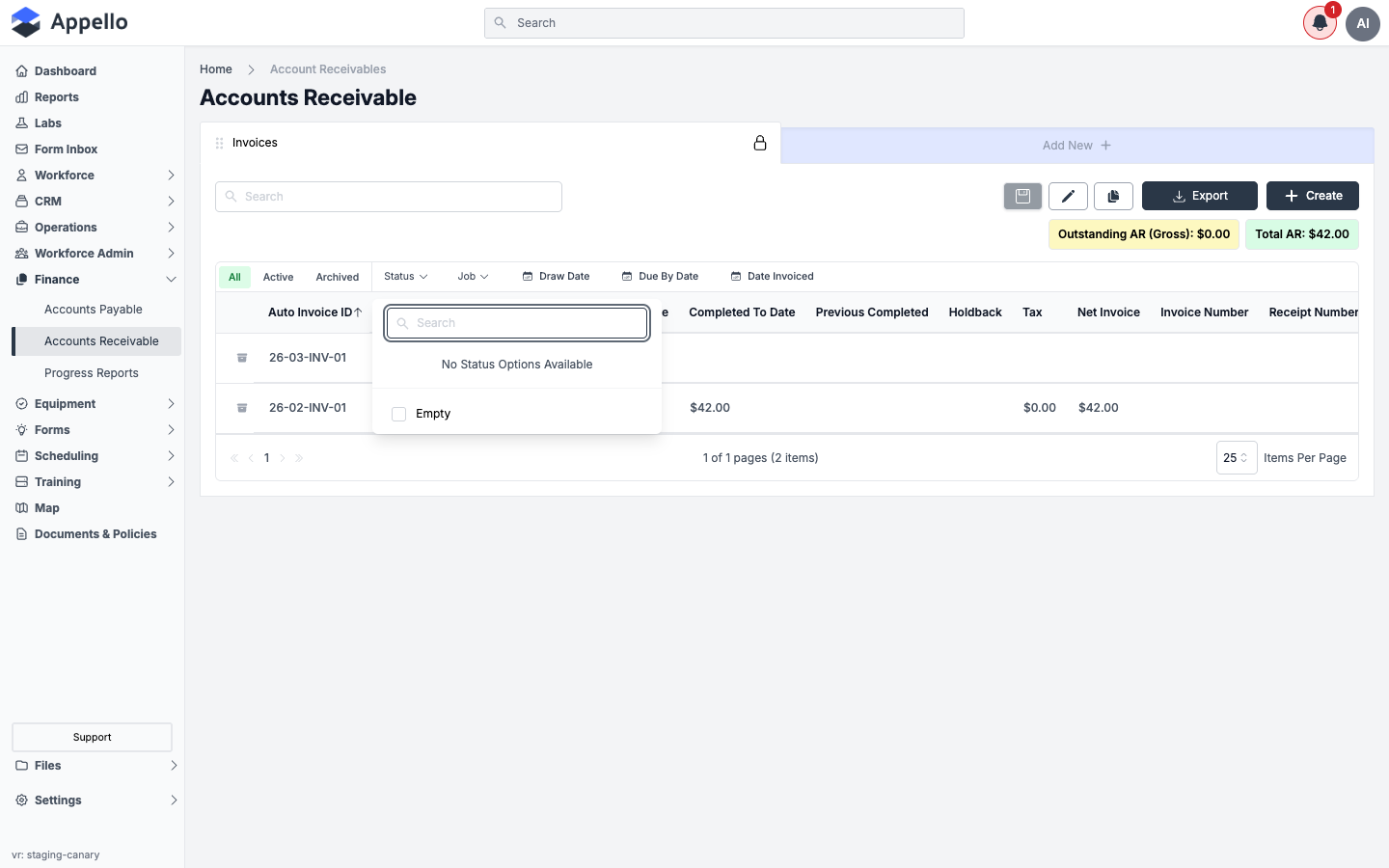 Billing Report list with the Status filter open. This demo instance has no invoice statuses configured, so the filter shows "No Status Options Available" and an "Empty" option