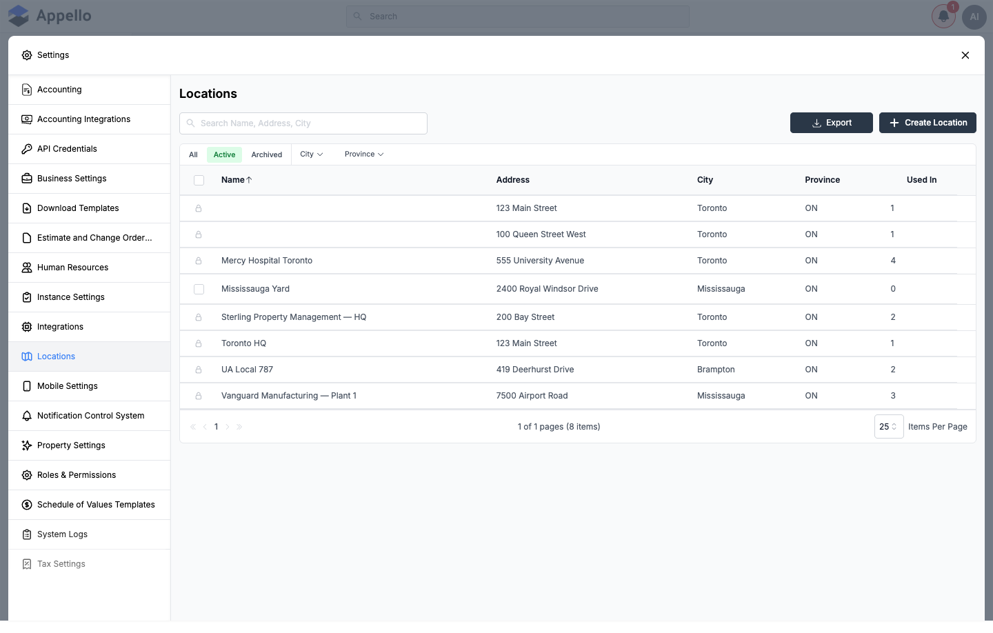 Locations list showing the Name, Address, City, Province, and Used In columns, with All/Active/Archived filters and Export and Create Location buttons