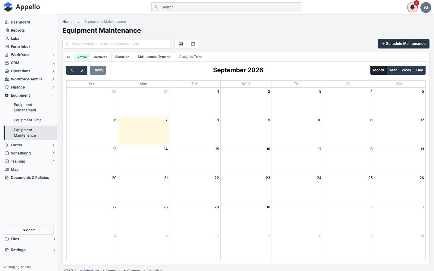 Equipment Maintenance calendar, showing an empty September with Month/Year/Week/Day view toggles and Active/Archived/Status/Maintenance Type/Assigned To filters