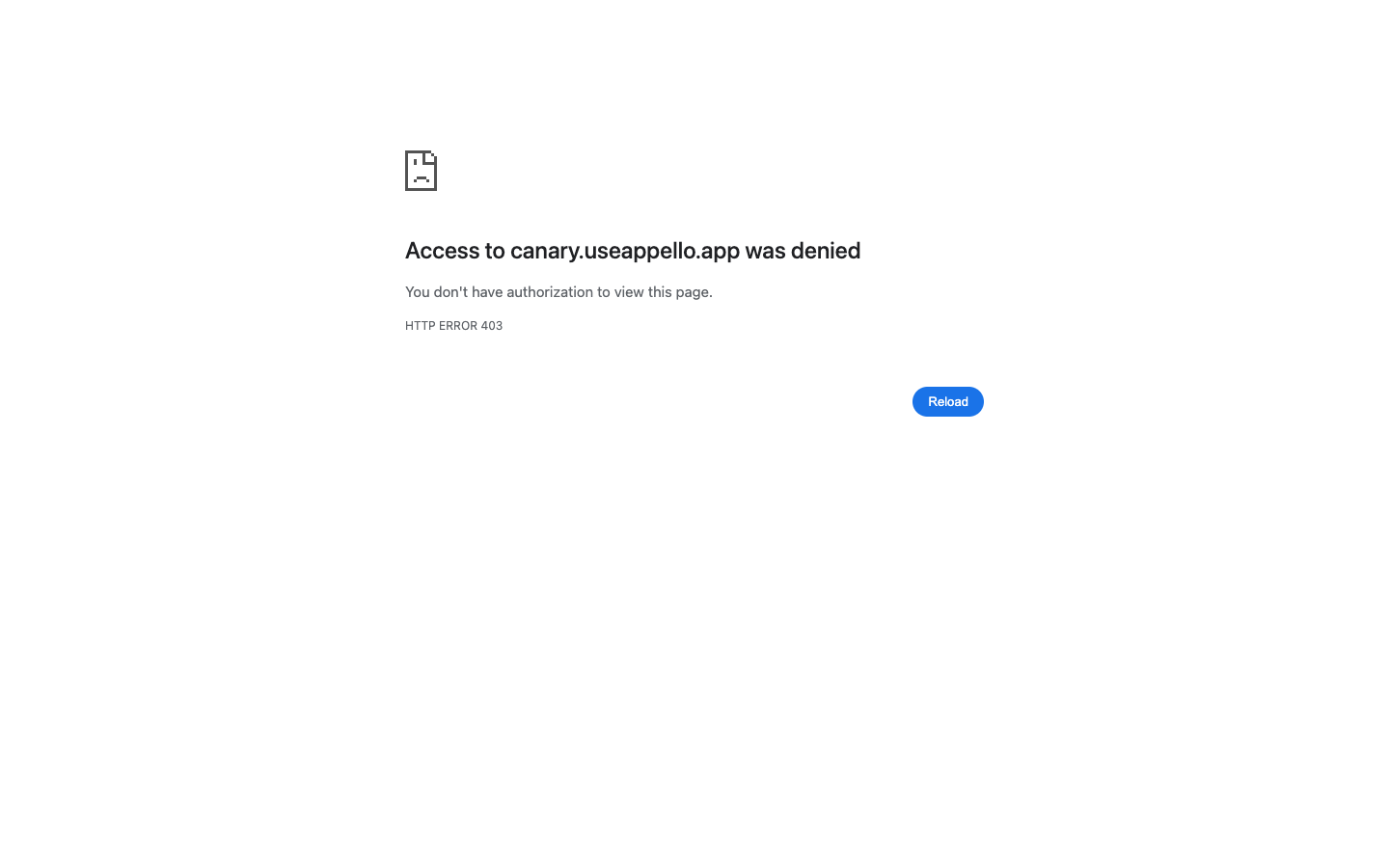 The browser's own error page -- "Access to your Appello instance was denied", HTTP ERROR 403 -- returned when opening Materials on the demo instance with Materials restricted