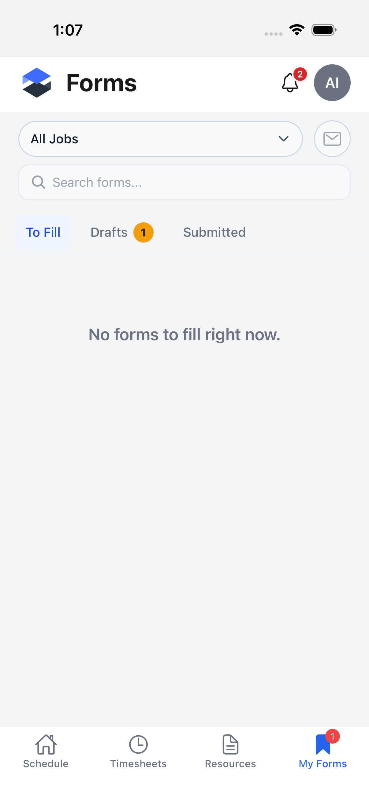 The My Forms tab on the To Fill sub-tab, showing the job filter pill, envelope button, search box, and the three sub-tabs