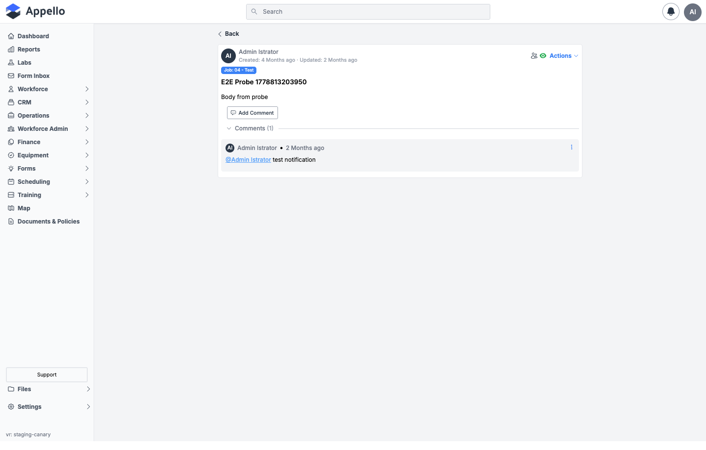The standalone note page for an existing note, showing author, timestamps, job badge, body, Add Comment, and one comment