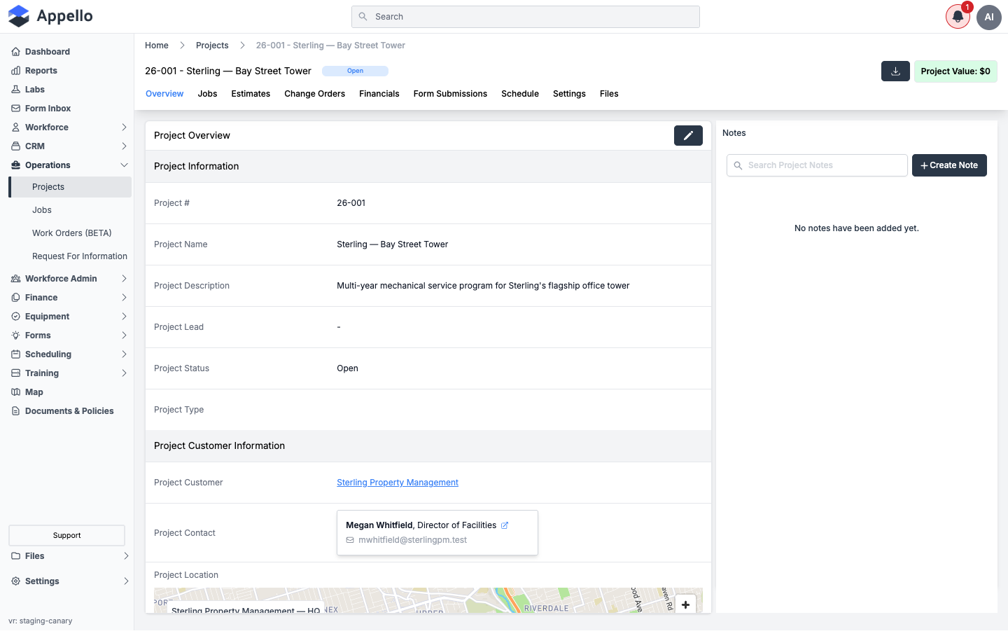 Project Overview tab, showing Project Information, Project Customer Information, and the Notes panel