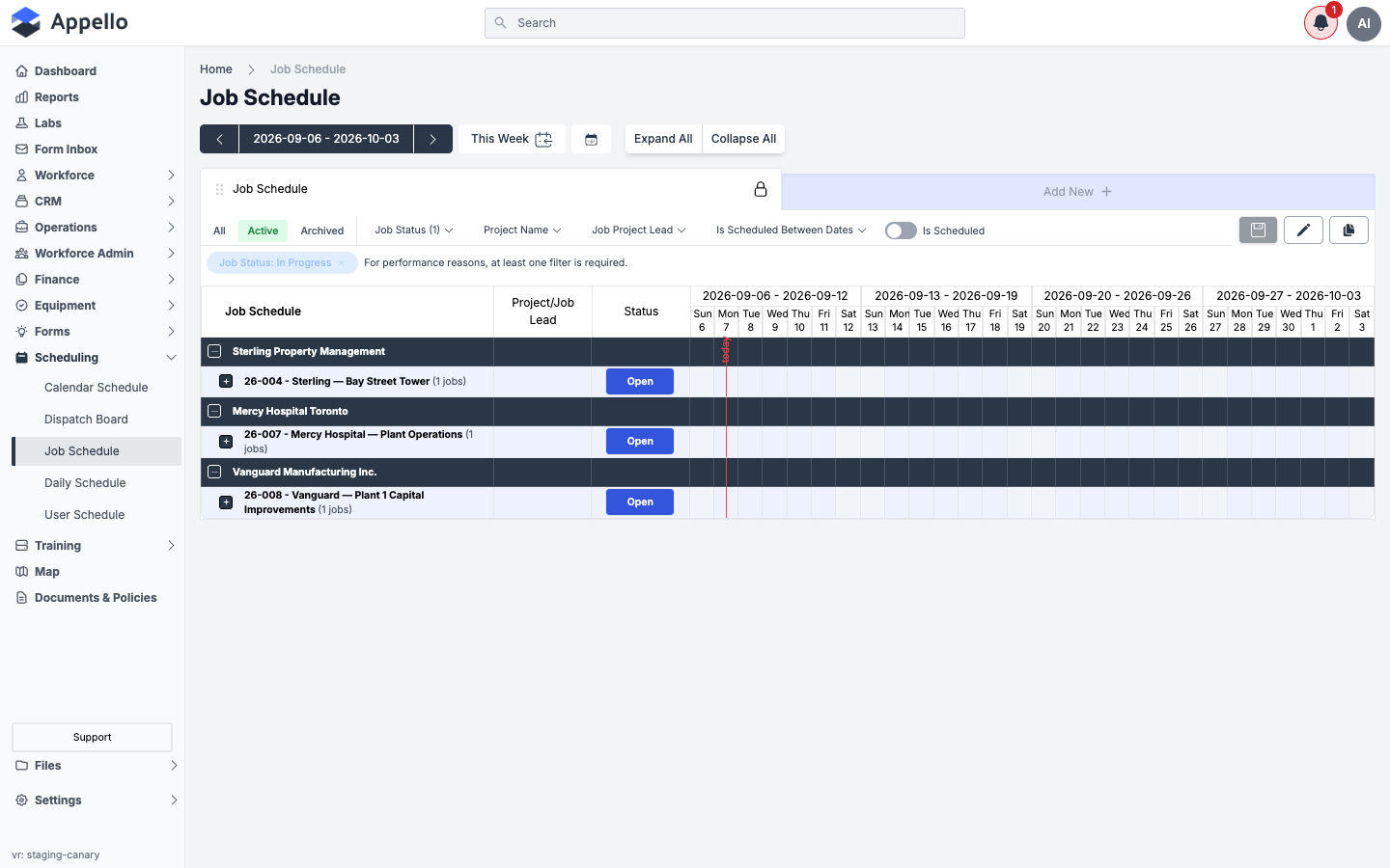 Job Schedule — multi-week timeline grid with customer/project rows, filter bar, and date columns