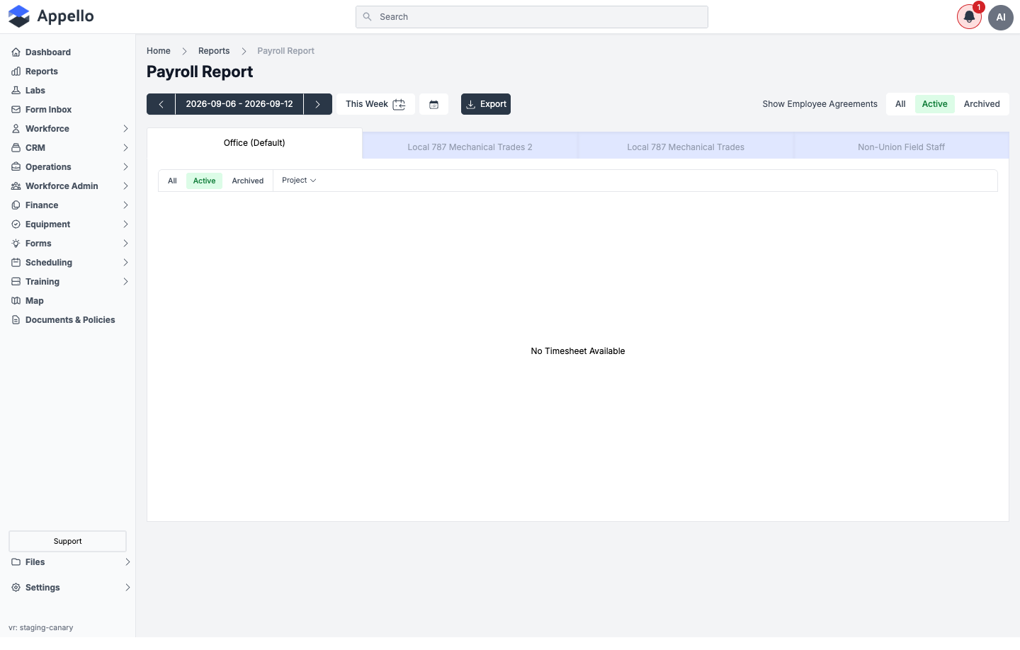 Payroll Report — period selector, Employee Agreement tabs, and Export button; canary had no timesheet data for the selected period