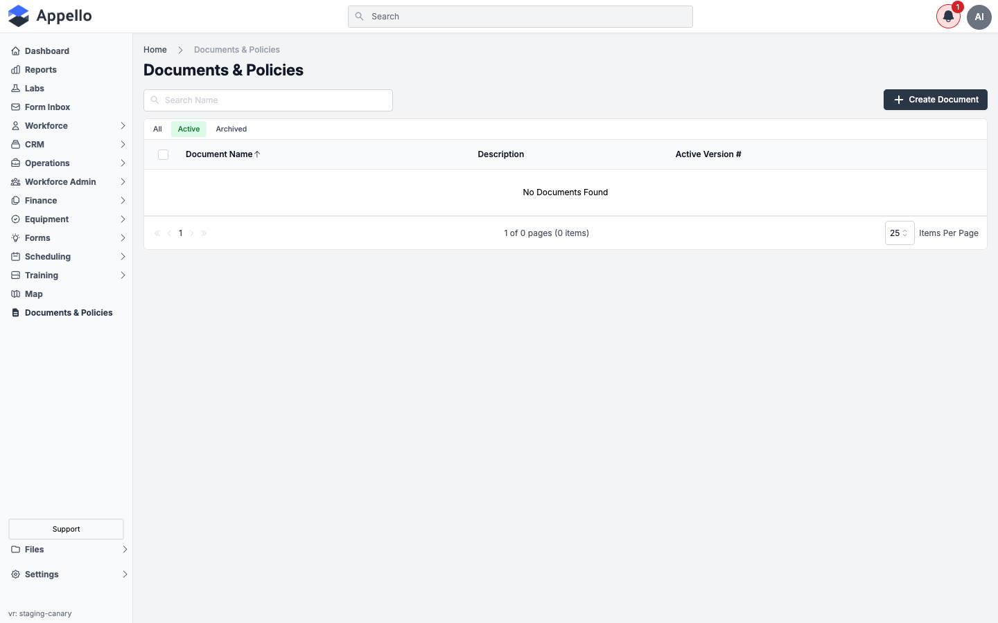 Policy Documents list with the Create Document button, search box, and All / Active / Archived tabs