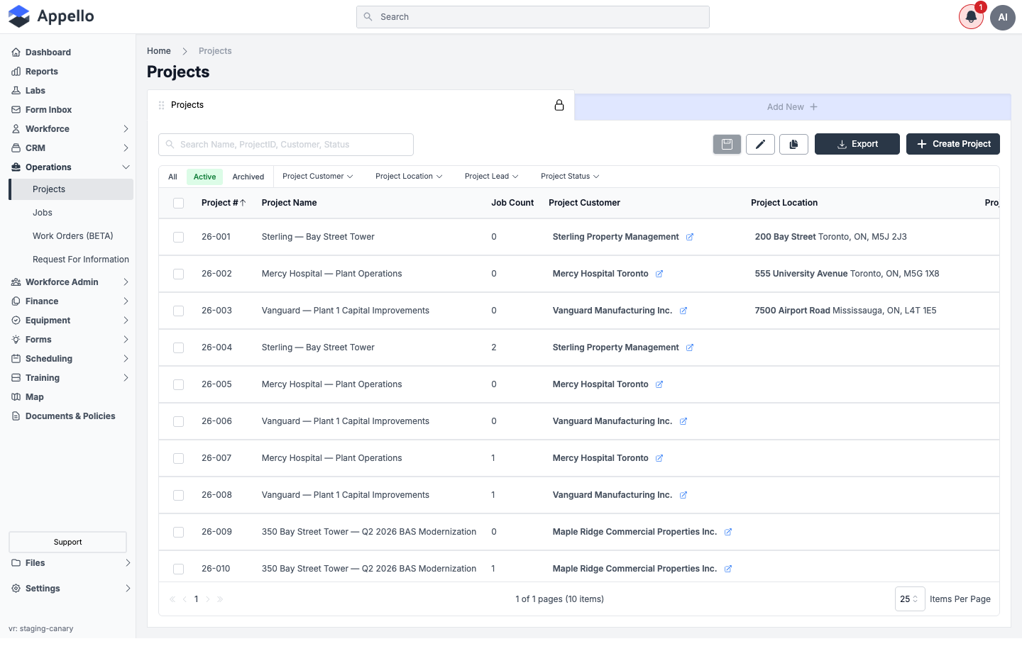 Projects list — table of projects with job count, customer, location, lead, value, and status