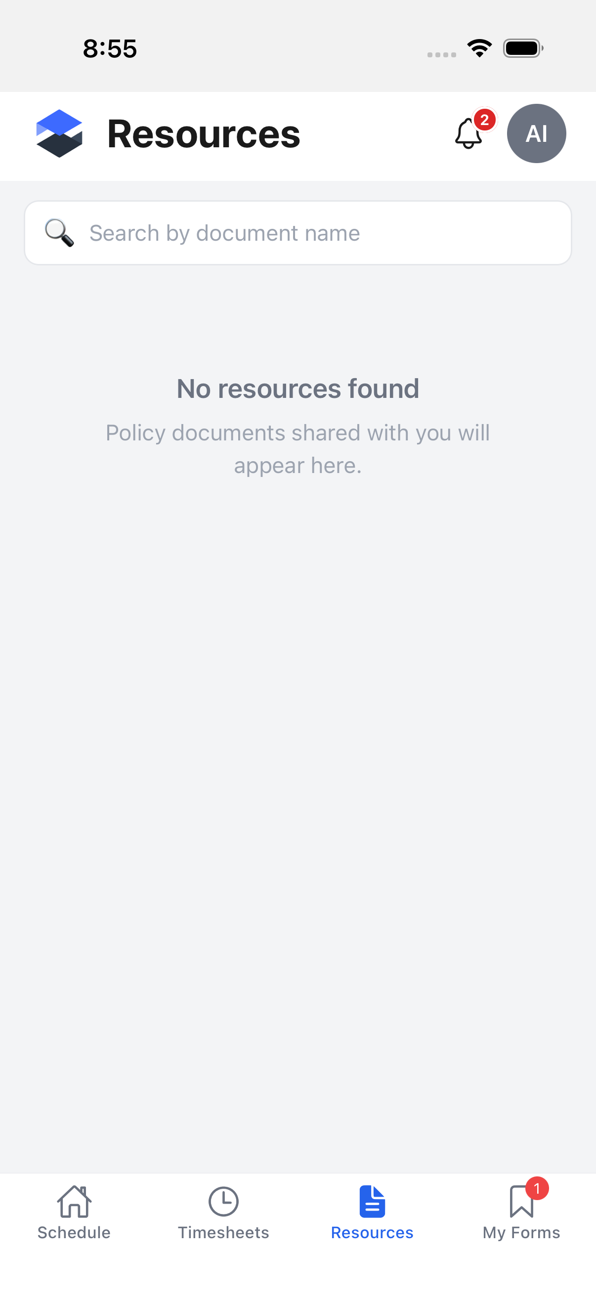 Resources tab with no policy documents published for this company