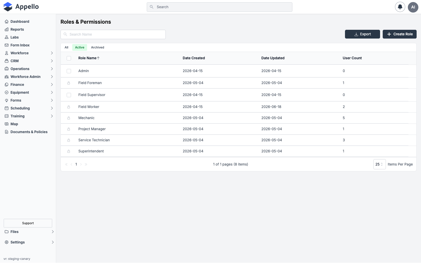 Roles & Permissions — list of user roles with date created, date updated, and user count