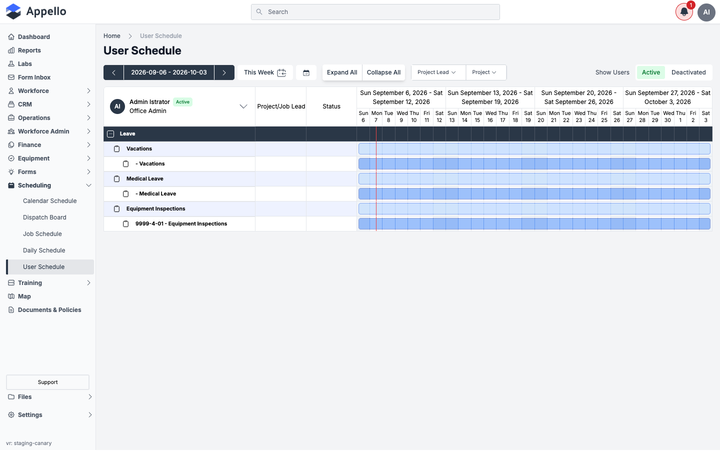 User Schedule -- toolbar with date navigator and filters, the worker picker in the top-left header cell, and the schedule grid with Leave and Equipment Inspections rows
