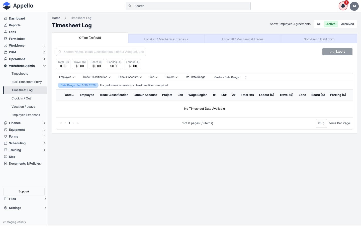 Timesheet Log — Office (Default) employee agreement tab with a month filter applied, showing the column headers and totals summary
