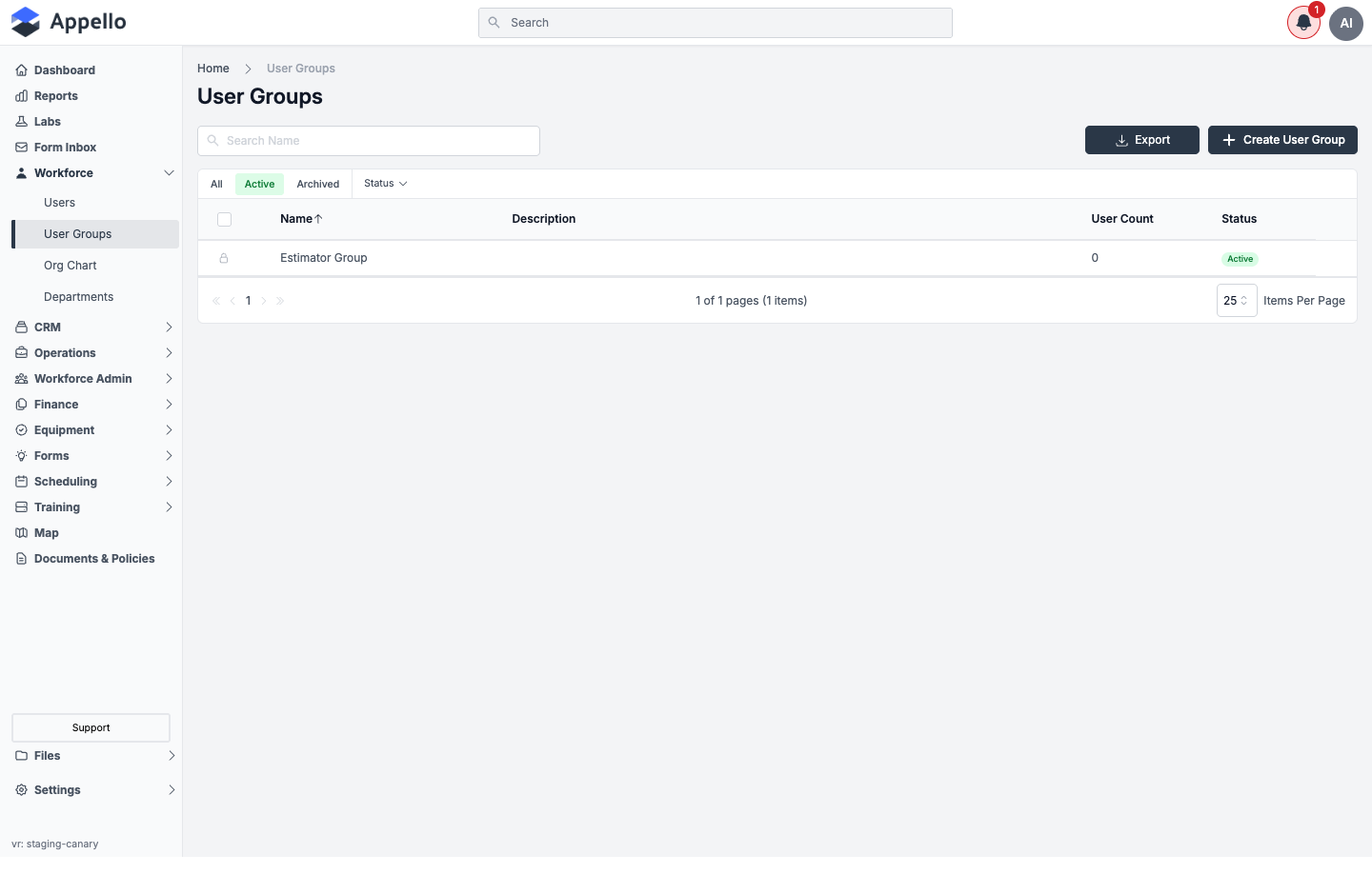 User Groups list with the Create User Group button in the top-right corner