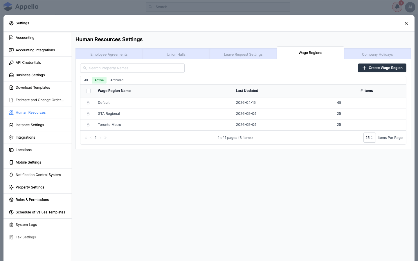 Wage Regions tab showing Default, GTA Regional, and Toronto Metro wage regions