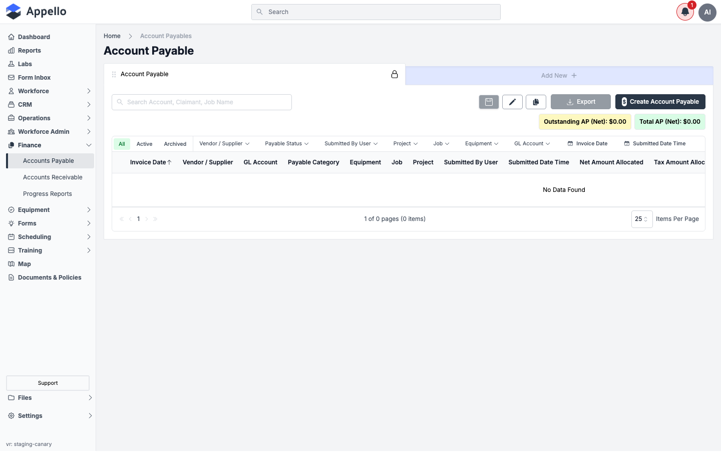 Accounts Payable list — Vendor / Supplier, GL Account, Job, and amount columns; empty on this demo instance